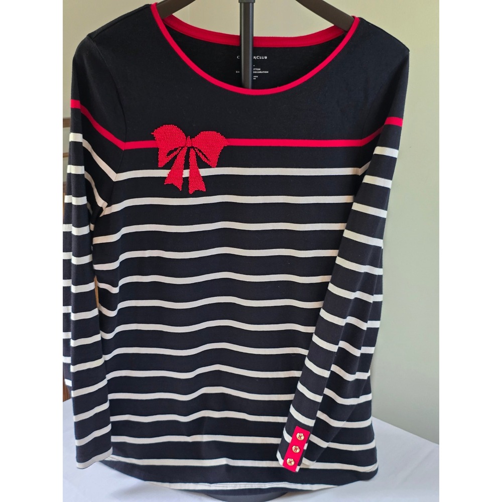 Charter Club Womens Large Black Striped Beaded Bow Holiday Cotton Top Red Trim